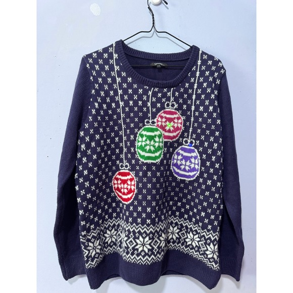 Light up  Womens Ugly Christmas Sweater Ornaments‎ Snowflake Knit Navy Blue L/G - Picture 2 of 5